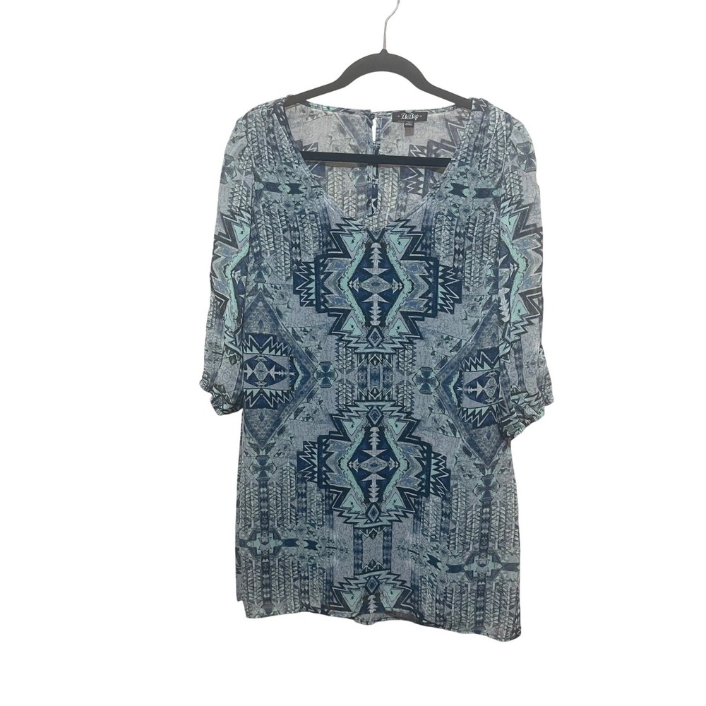 BeBop Womens‎ Blue Teal Geometric Print 3/4 Sleeve Mini Dress Tunic Size M-Boho